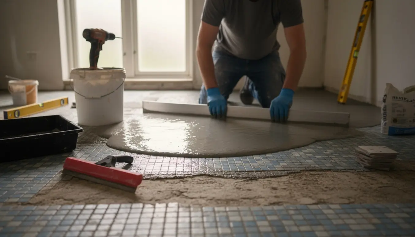 Et bryggersgulv, hvor flydespartel hældes og udjævnes over et eksisterende klinkegulv.