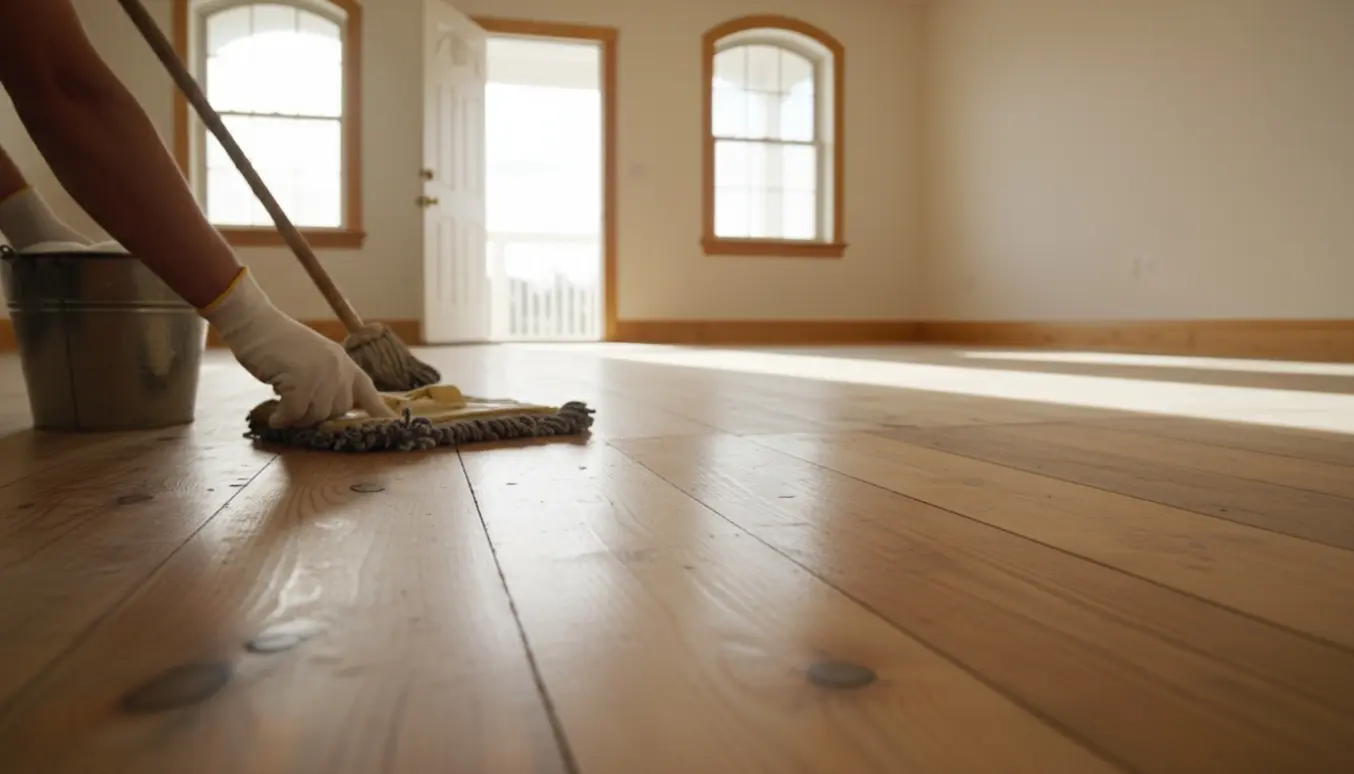 Rengøring af ubehandlet fyrretræsgulv i en tom stuelejlighed med moppe og spand i naturligt dagslys.