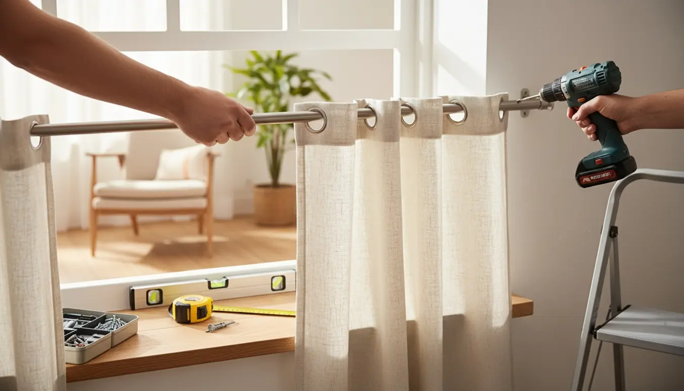 Hænder hænger et standard gardin op på en gardinstang ved et solbeskinnet vindue i et ryddeligt rum.