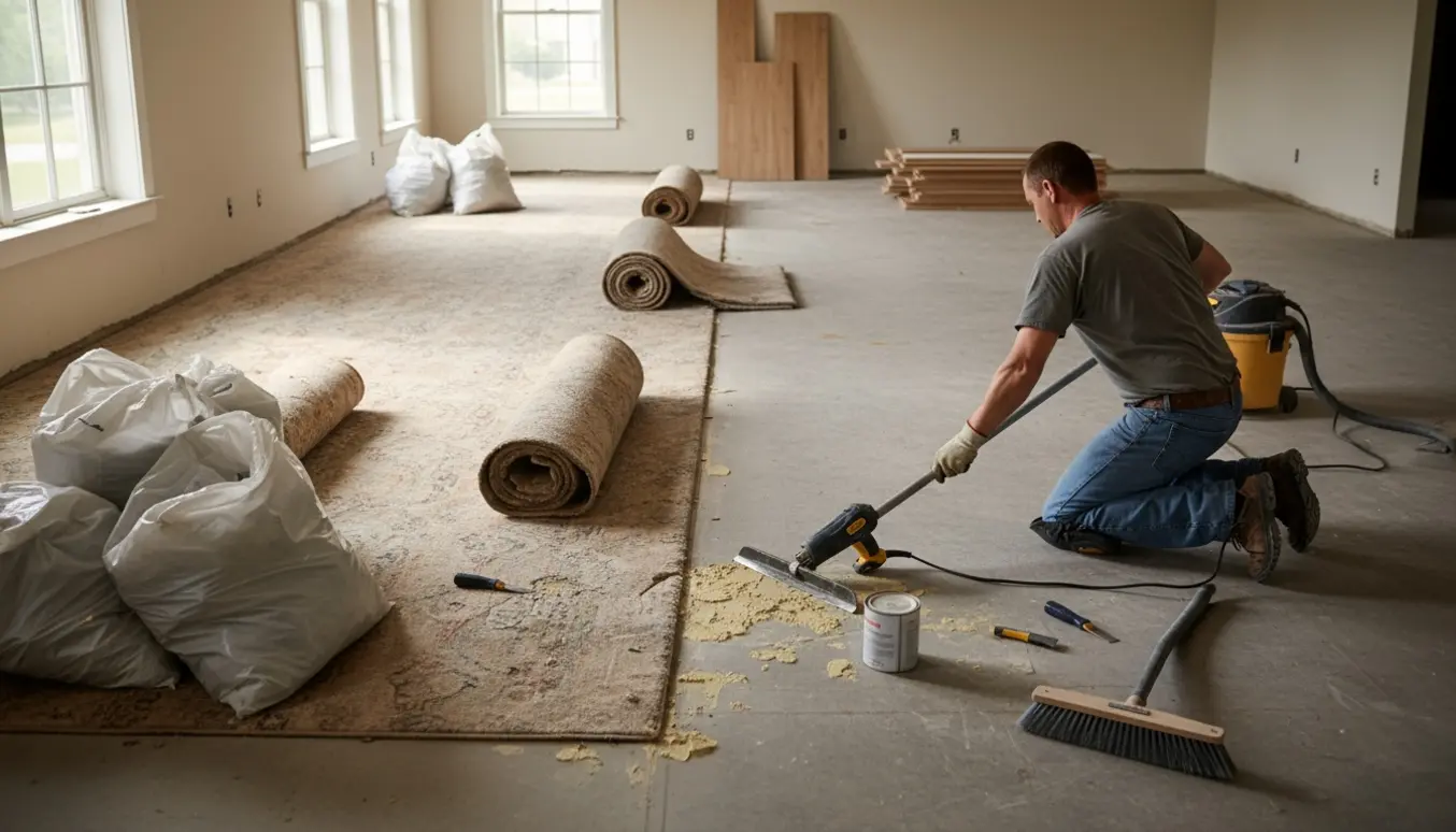 Halvvejs fjernet tæppe i et solbelyst rum, hvor lim skrabes af et betonunderlag.