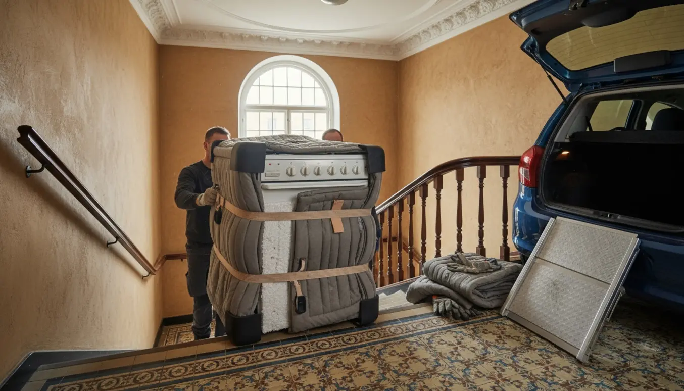 To personer bærer et indpakket gaskomfur ned ad en hovedtrappe mod en åben bil, uden synlige ansigter.