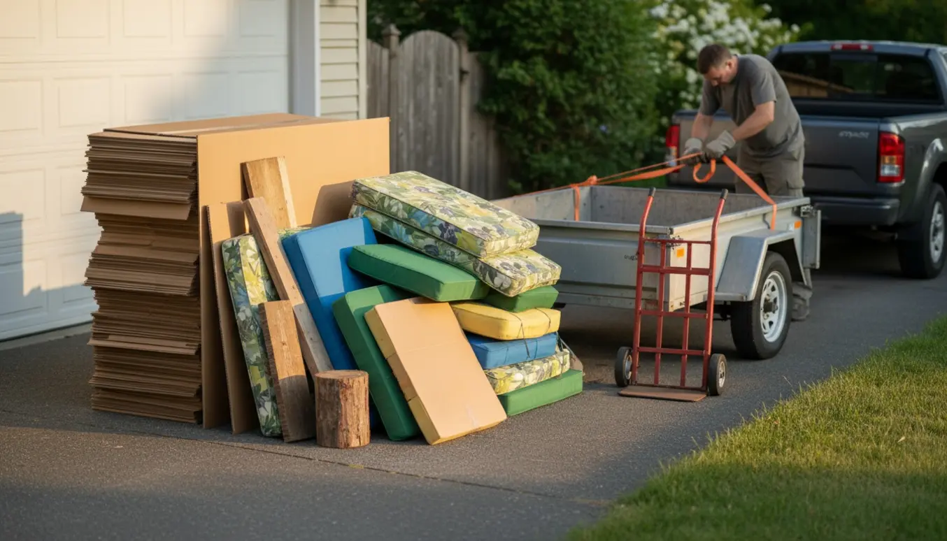 Indkørsel med storskrald og trailer klar til afhentning, med pap, havemøbelhynder og træ samlet.