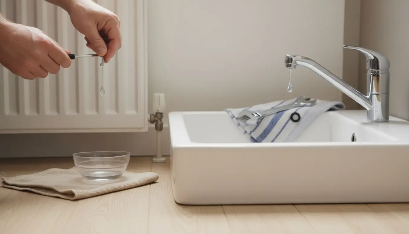 Hænder udlufter en radiator mens en dryppende køkkenvandhane og en skruenøgle ses i baggrunden.