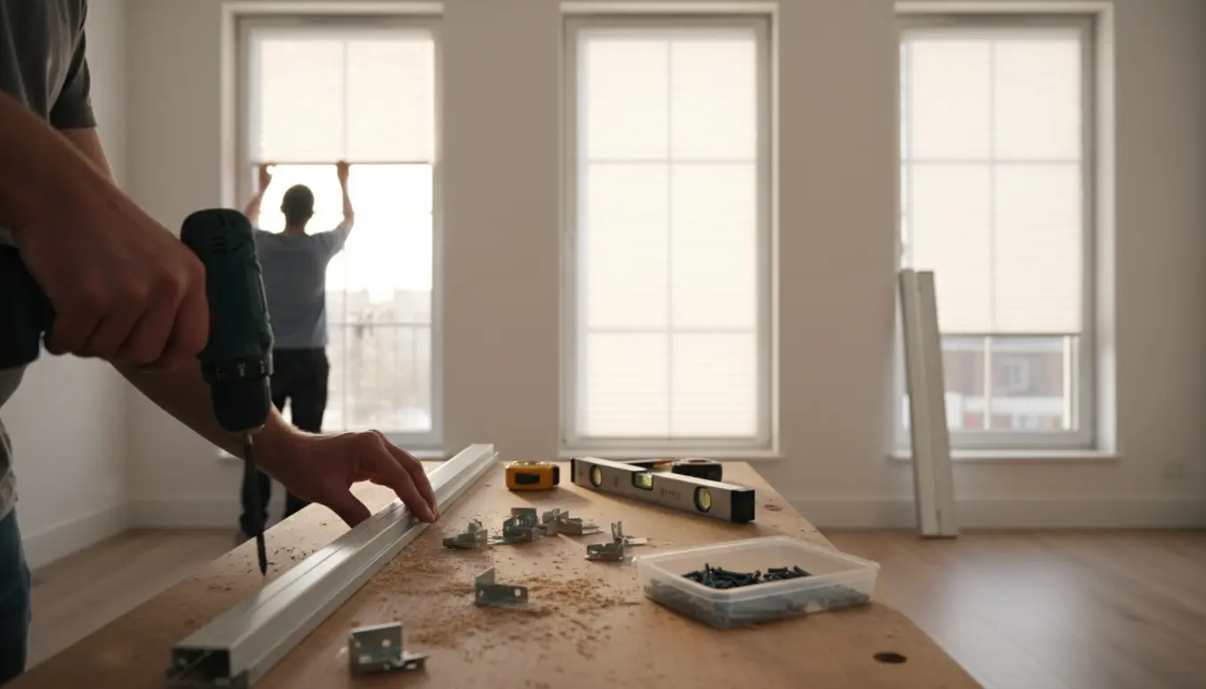 Hænder tilpasser og monterer persienner i en lys stue med værktøj på et bord.