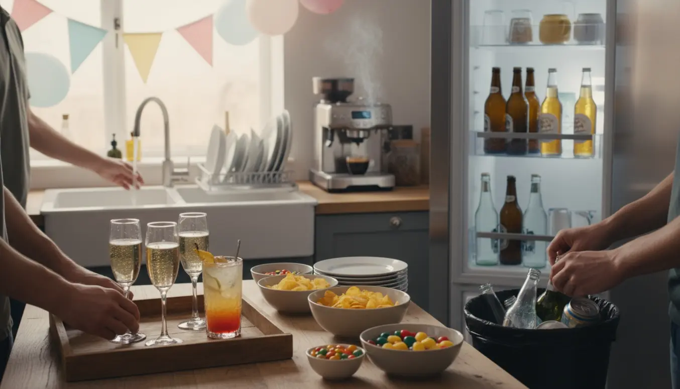 Hænder sætter velkomstdrinks frem, fylder køleskab og vasker op før en fødselsdagsfest.