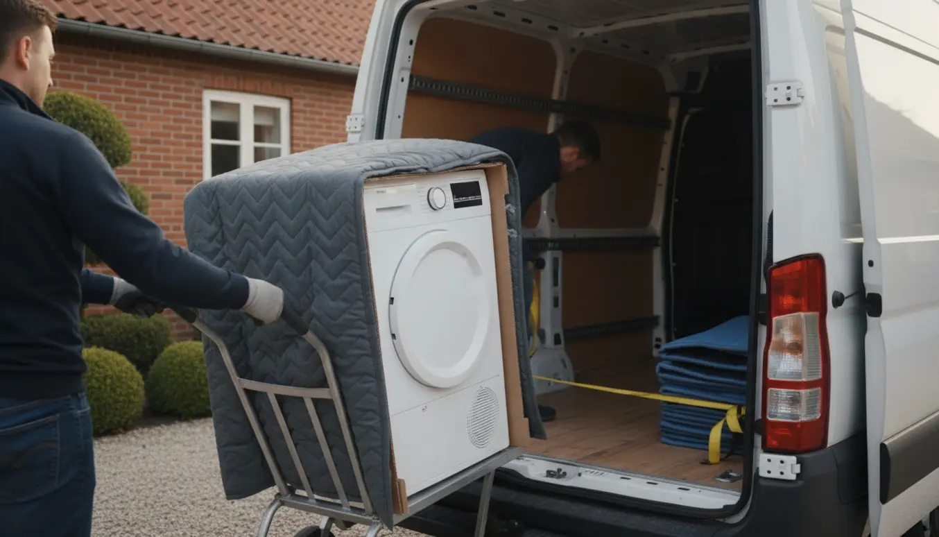 En hvid tørretumbler læsses ind i en ubrandet varevogn på en indkørsel, pakket ind i flyttetæpper og sikret med spændebånd.