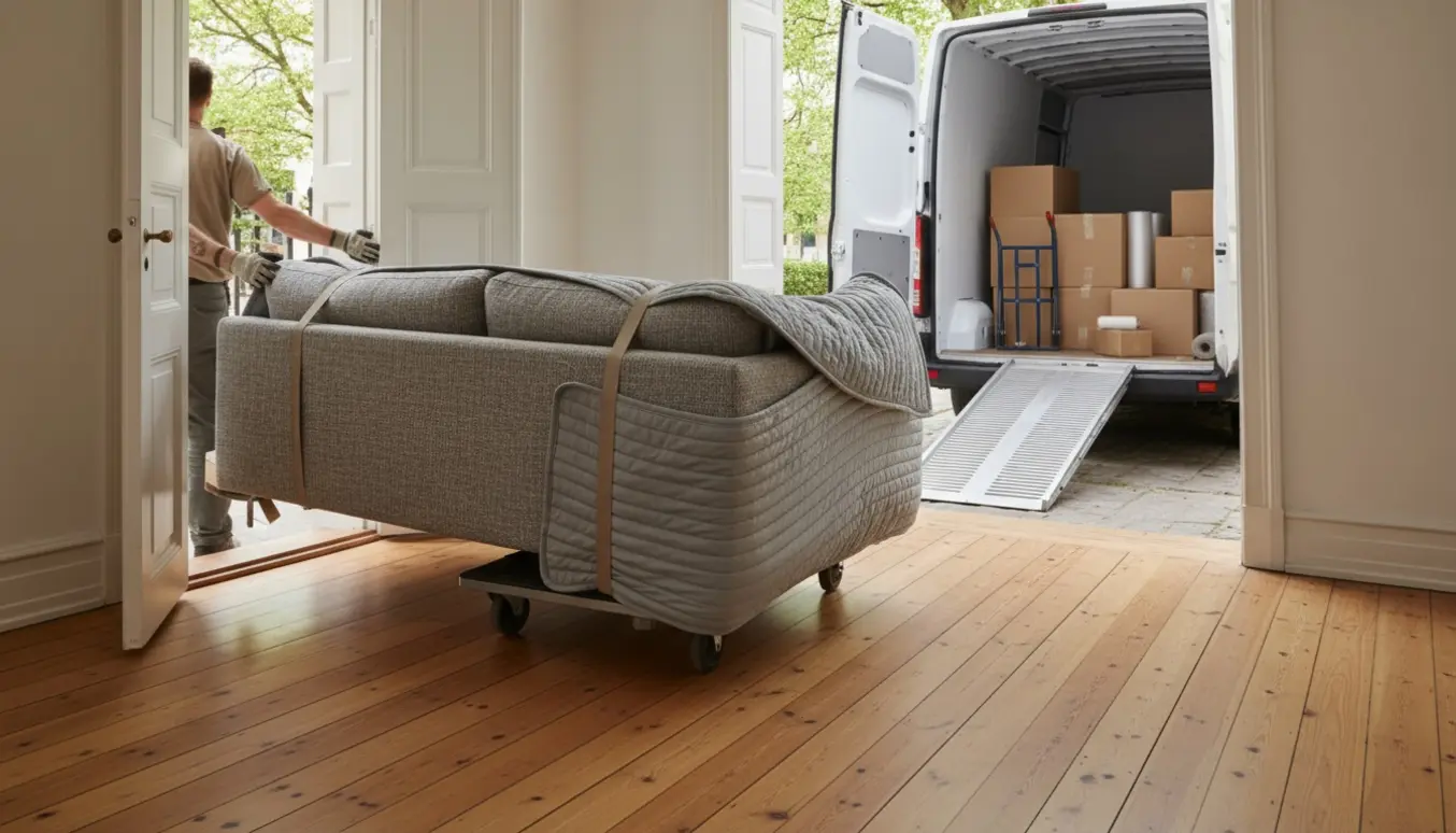 Delt hjørnesofa bæres ud af en lejlighed mod en ventende flyttebil på en rolig bygade.