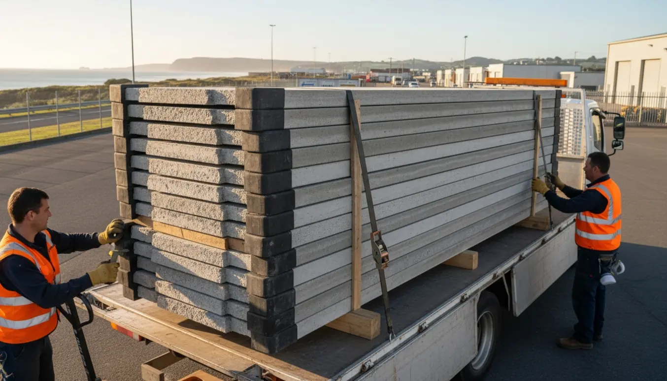 Lastbil lastet med stablede eternitplader i en depotgård, arbejdere sikrer læsset.