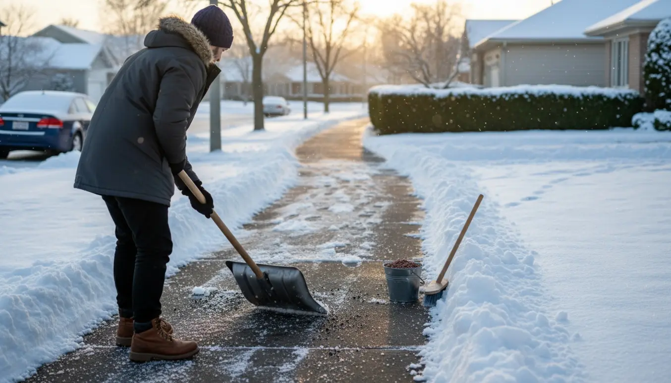 Person fjerner sne fra fortovet ved en hjørnegrund med skovl og strømateriale.