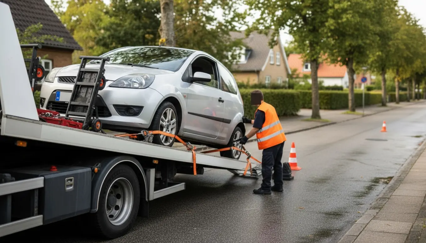 En mekaniker sikrer en defekt lille hatchback på en fladbed-trailer på en stille forstadsgade.