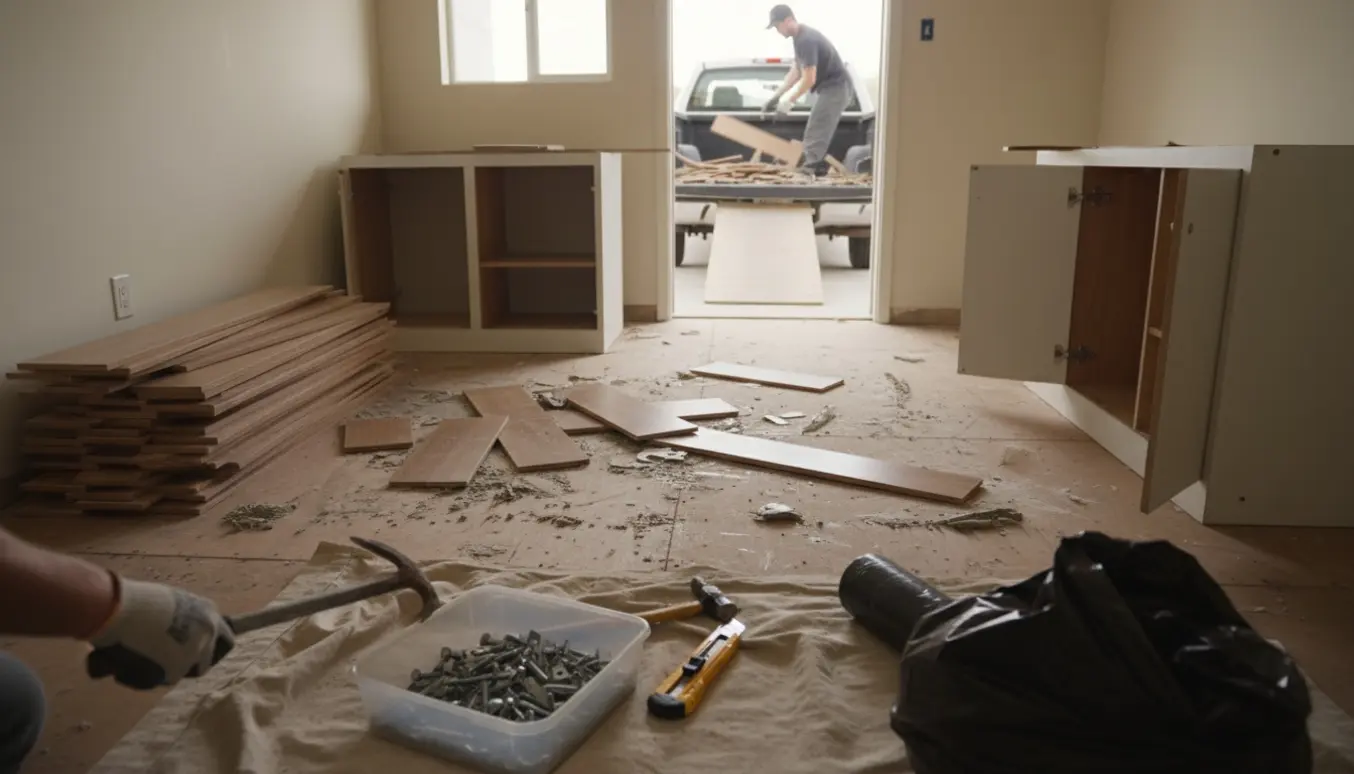 Uprive laminatgulvplanker og byggeaffald læsset op i en udekørt varebil til bortkørsel.