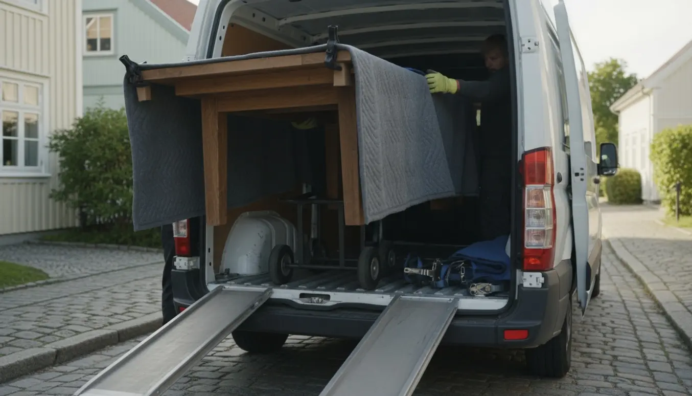 En varevogn med åbent lastrum, hvor et indpakket spisebord løftes ind af flyttefolk.