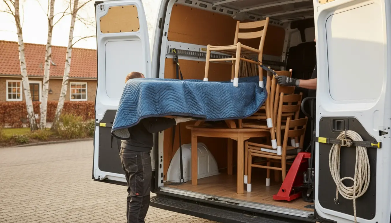 Rundt spisebord og seks stole pakket og læsset i en varevogn foran et dansk hus.