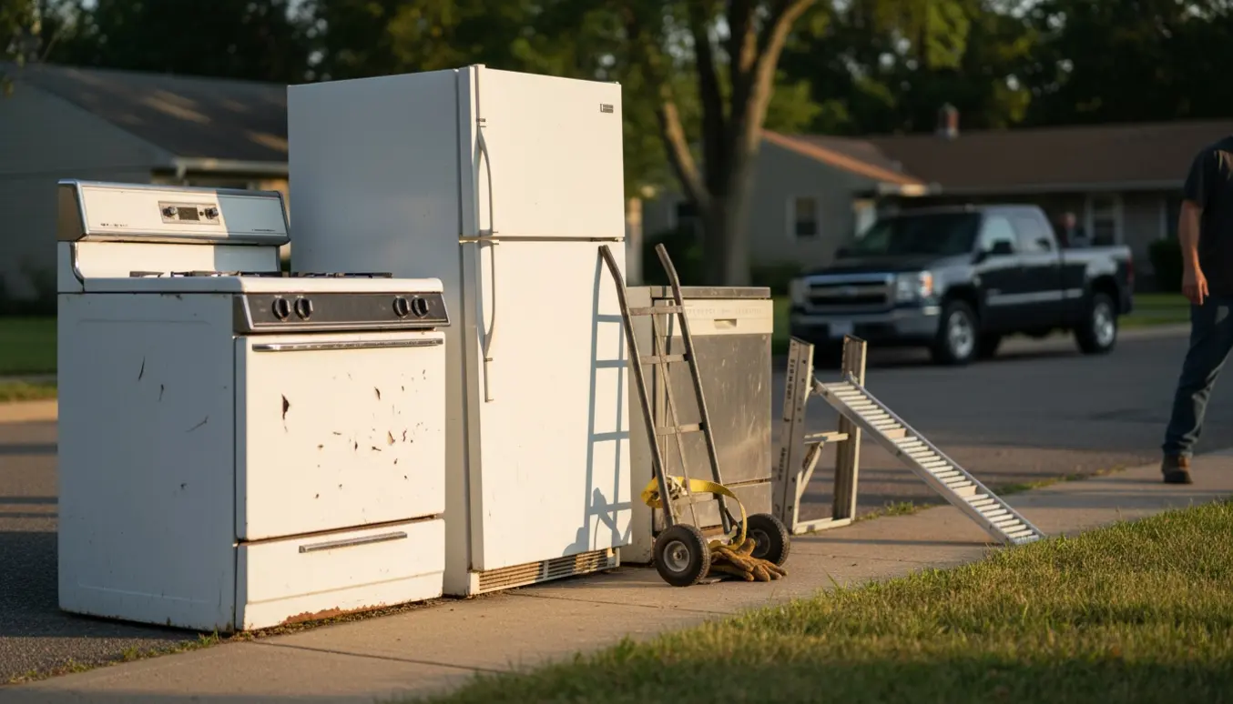 Tre gamle hvidevarer — komfur, køleskab og opvaskemaskine — stillet ved kantstenen klar til afhentning.