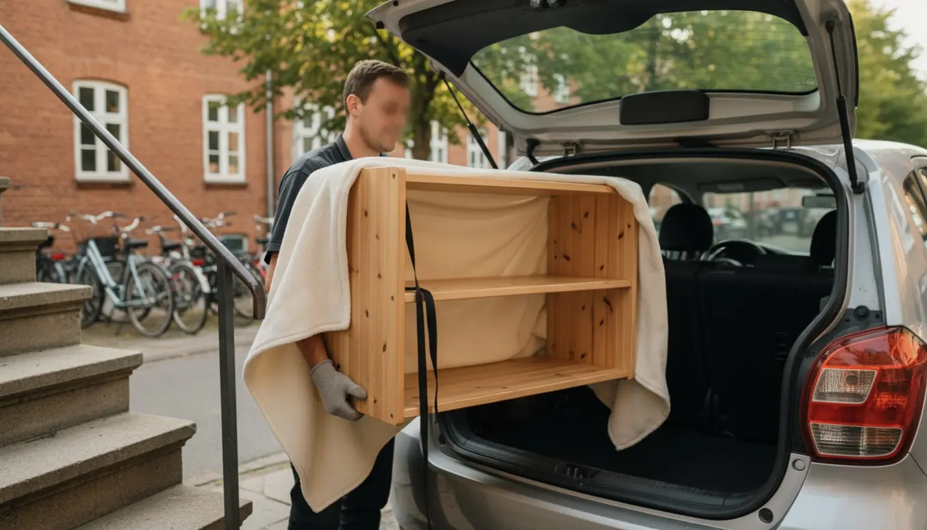 Lille børnebogreol bliver båret og læsset i en hatchback på en solbeskinnet københavnsk boliggade.