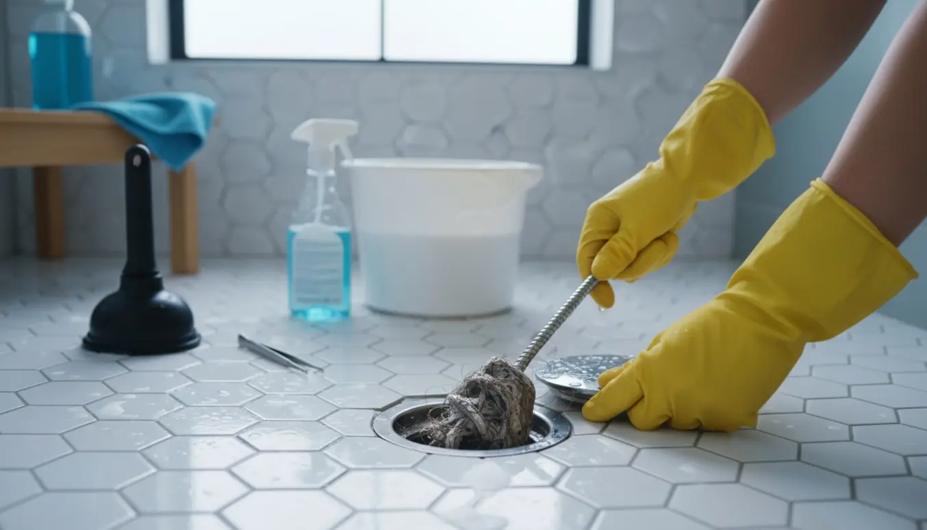 Nærbillede af hænder i gummihandsker, der bruger en afløbsrenserspiral til at fjerne hår og sæberester fra et tilstoppet bruseafløb.