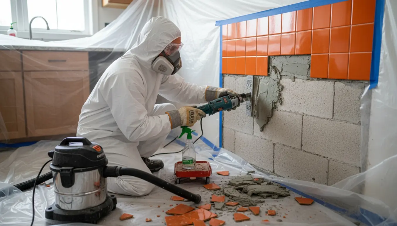 En person i beskyttelsesdragt fjerner orange køkkenfliser med afdækket arbejdsområde og HEPA-støvsuger.