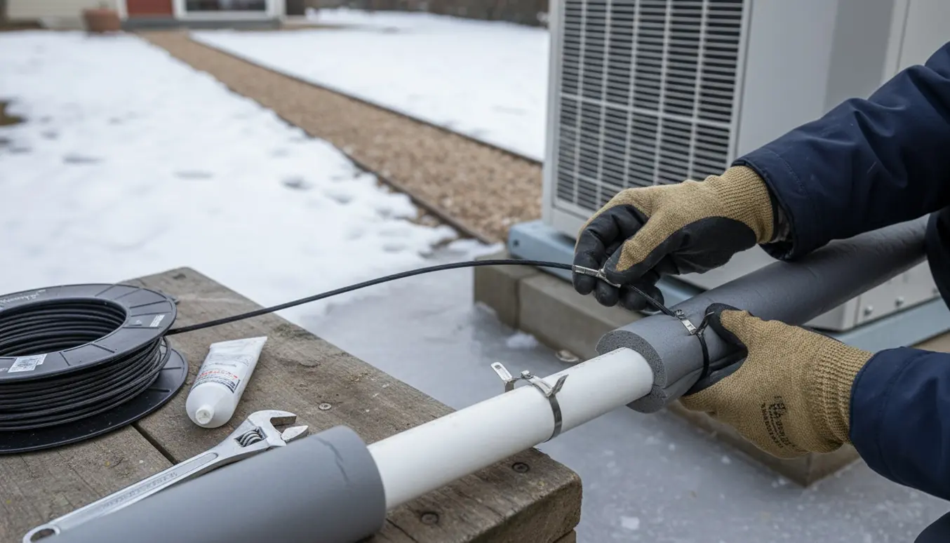 Hænder monterer opvarmet afløbsledning ved en udendørs luft-til-vand varmepumpe på en frostklar vinterdag.