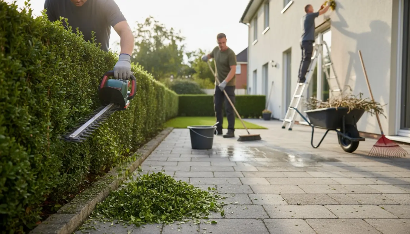 Nyklippet hæk og rene fliser med haveredskaber og en person på stige uden synligt ansigt.
