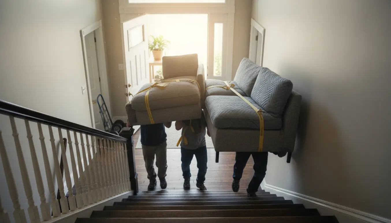 Flyttefolk bærer en modulsofa, en lænestol og en puf op ad en trappe ved en opgang.