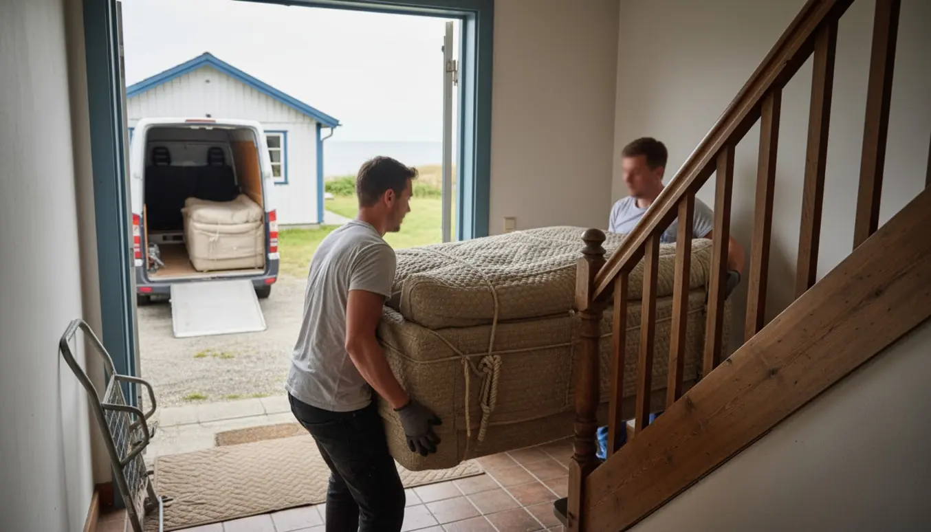 To flyttefolk bærer en trepersoners sofa pakket i flyttetæpper op ad en smal trappe, med flyttevogn og sommerhus i baggrunden.