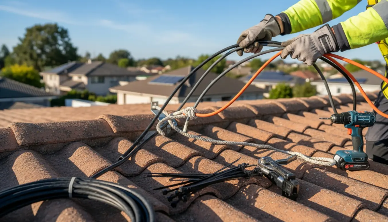 Nærbillede af handsker og værktøj, der flytter tre kabler væk fra et tag under forberedelse til tagarbejde.