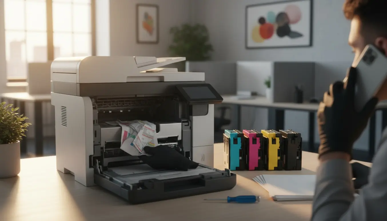 Hænder fjerner papirstop fra en kontorprinter mens en telefon holdes ved øret.