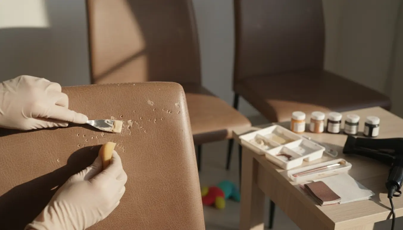 Hænder udbedrer kattekradser og små huller i ryggen på PU-læderstole med et reparationskit.