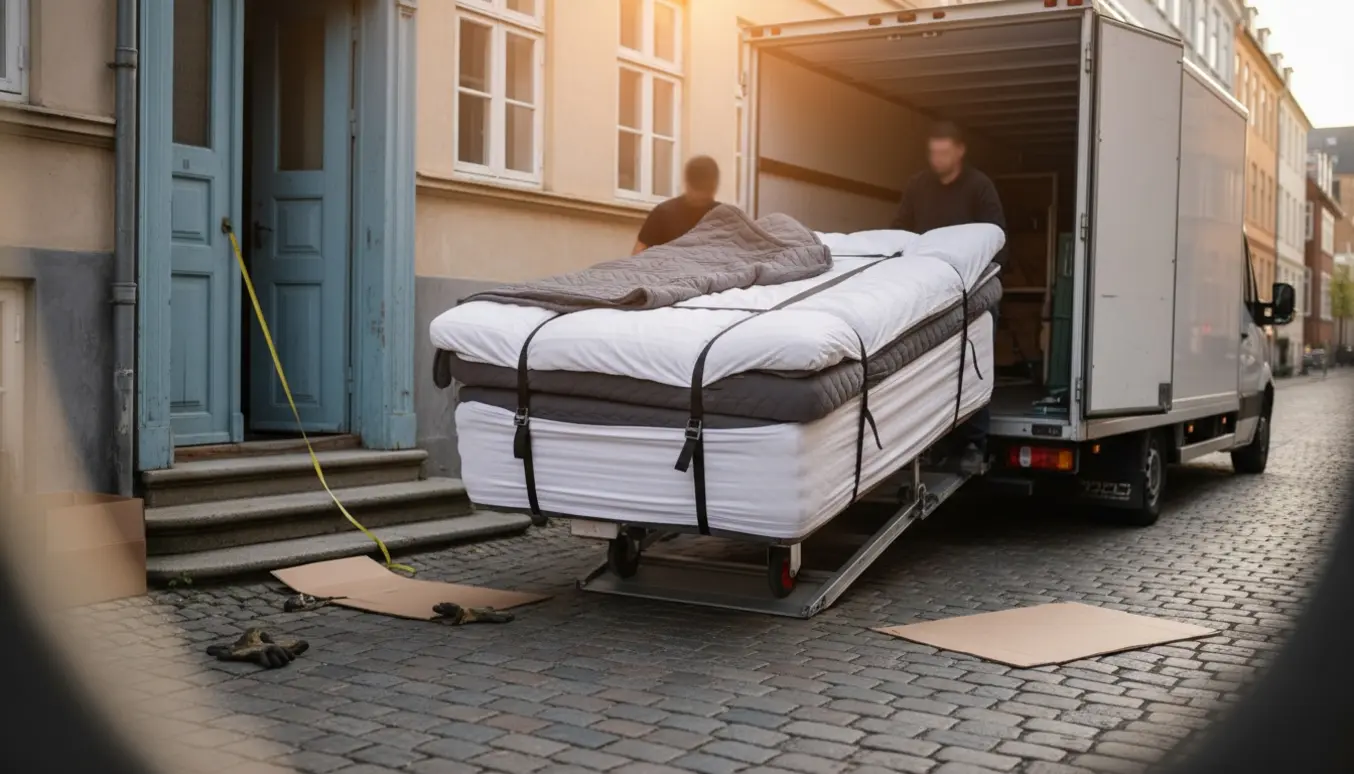 En 180x200 madras indpakket i flyttebetræk løftes ind i en flyttevogn foran en københavnsk ejendom.