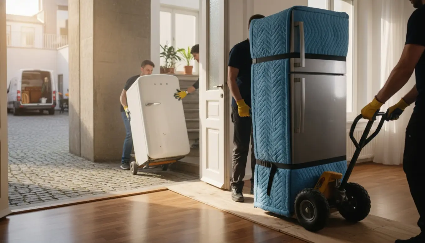 To køleskabe flyttes gennem en opgang og ned til en gård, båret på sækkevogne og dækket af flyttetæpper.