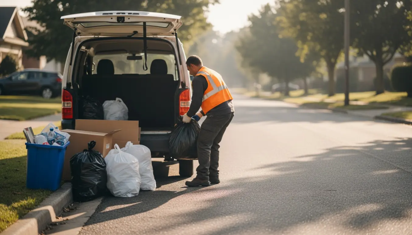 En renovationsarbejder set bagfra læsser mindre affaldsposer ved fortovet ved siden af en parkeret varevogn.