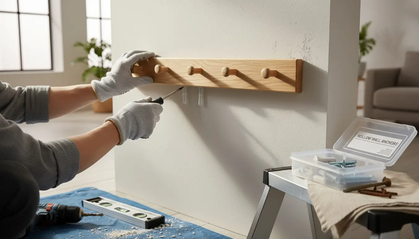 Hænder monterer en træknagerække på en væg med hulrum ved hjælp af hulmursrawlplugs og værktøj.