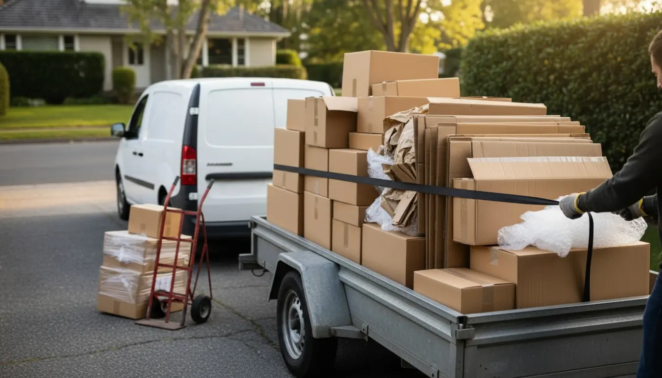 Varevogn og trailer lastet med papkasser foran et parcelhus, hænder sikrer læsset.