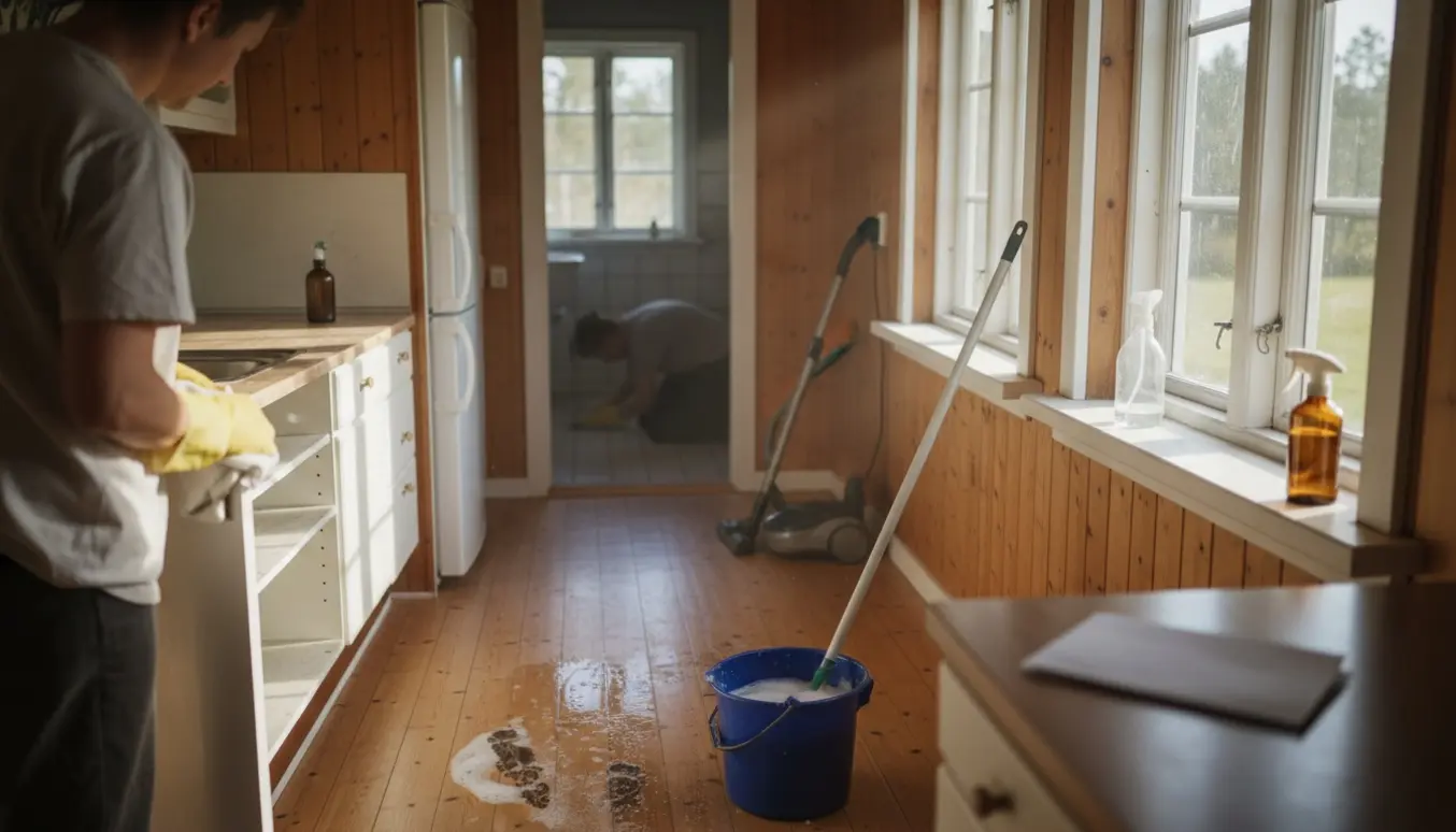 Soloplyst sommerhusinteriør med rengøringsudstyr og en person, der tørrer vindueskarmen af.