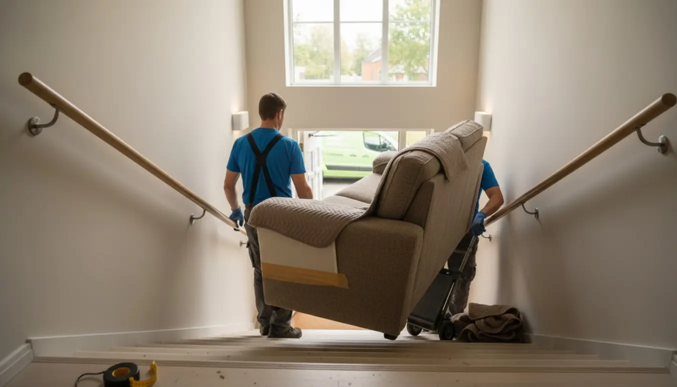 To flyttemænd bærer en halv sofa ned ad en lys, bred trappeopgang på vej til afhentning.