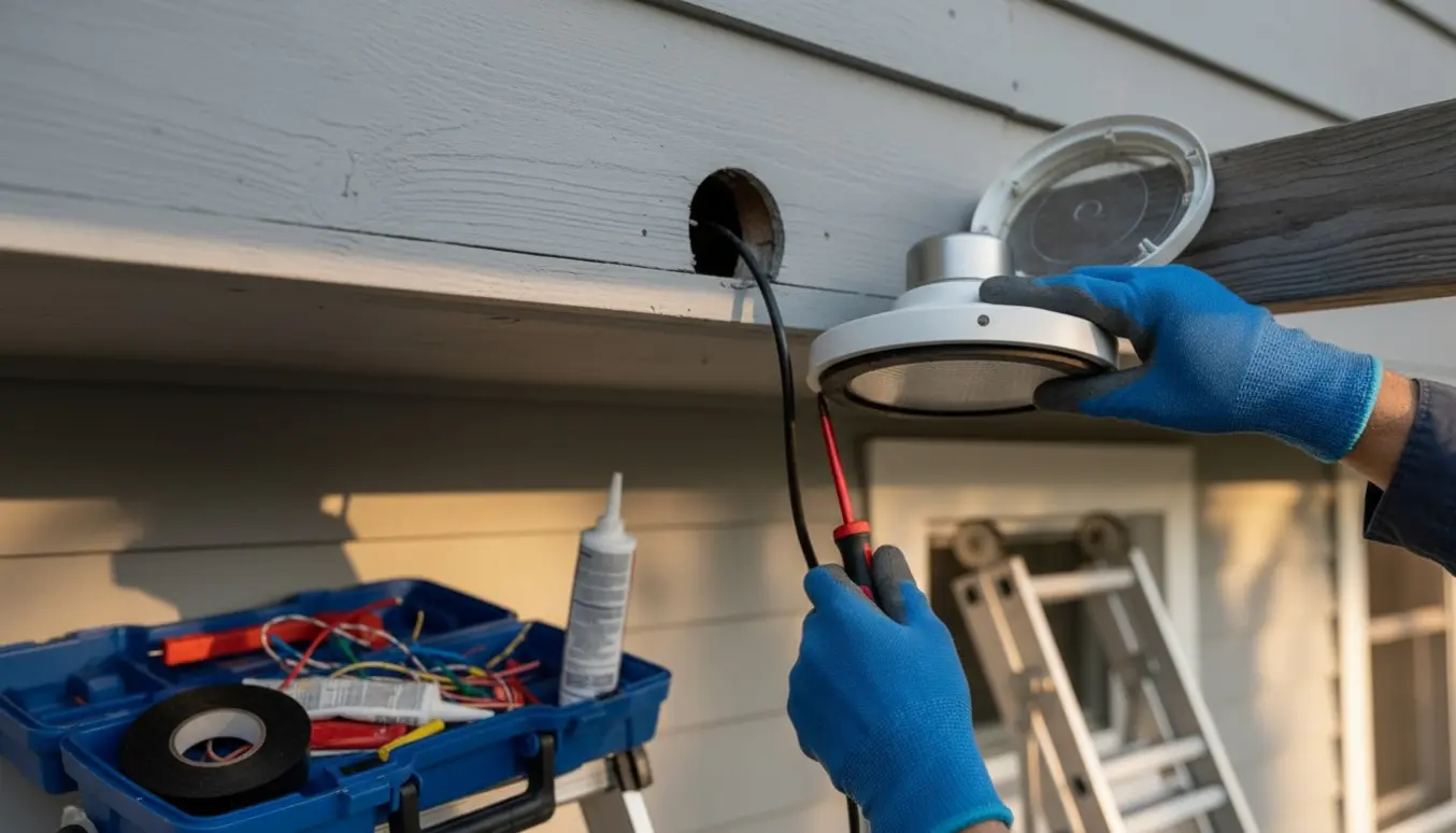 Hænder monterer vejrbestandigt dæksel på en udendørs lampe under husets udhæng.