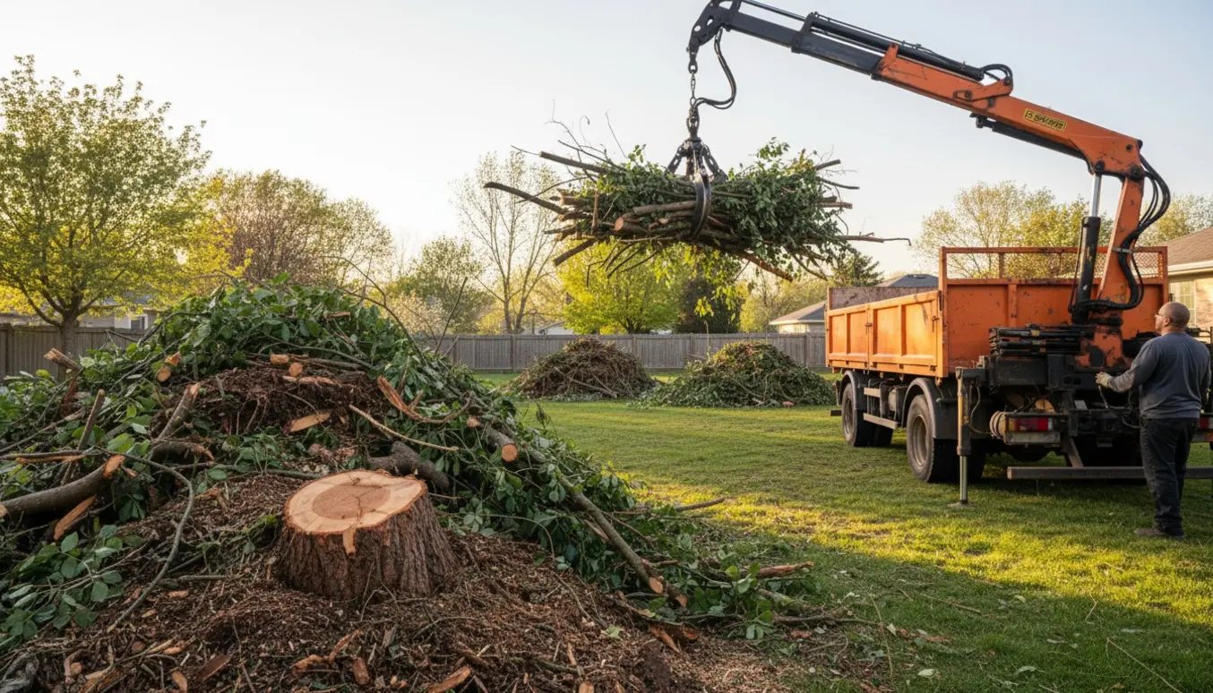 En lastbil med grab laster tre store bunker haveaffald med kviste, stammer og flis i en villahave.