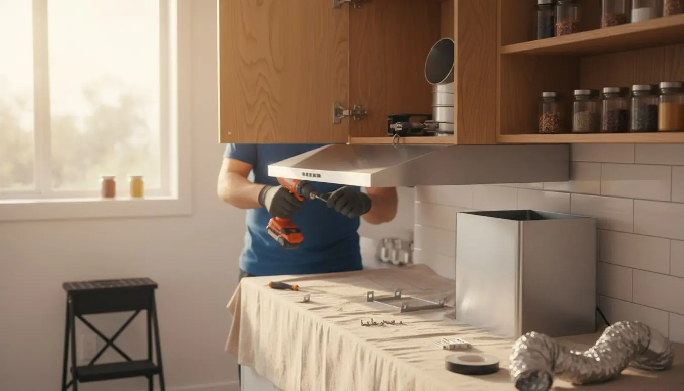 Nærbillede af hænder, der afmonterer en gammeldags emhætte og monterer en ny under et åbent krydderiskab i et lyst køkken.