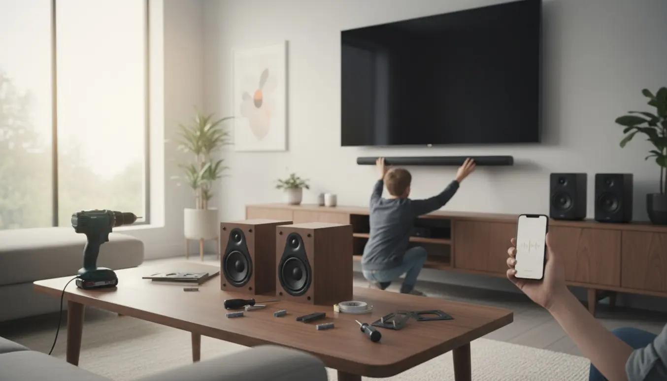 Udskiftning af gamle højttalere med nye trådløse højttalere og en ny soundbar i en moderne stue.