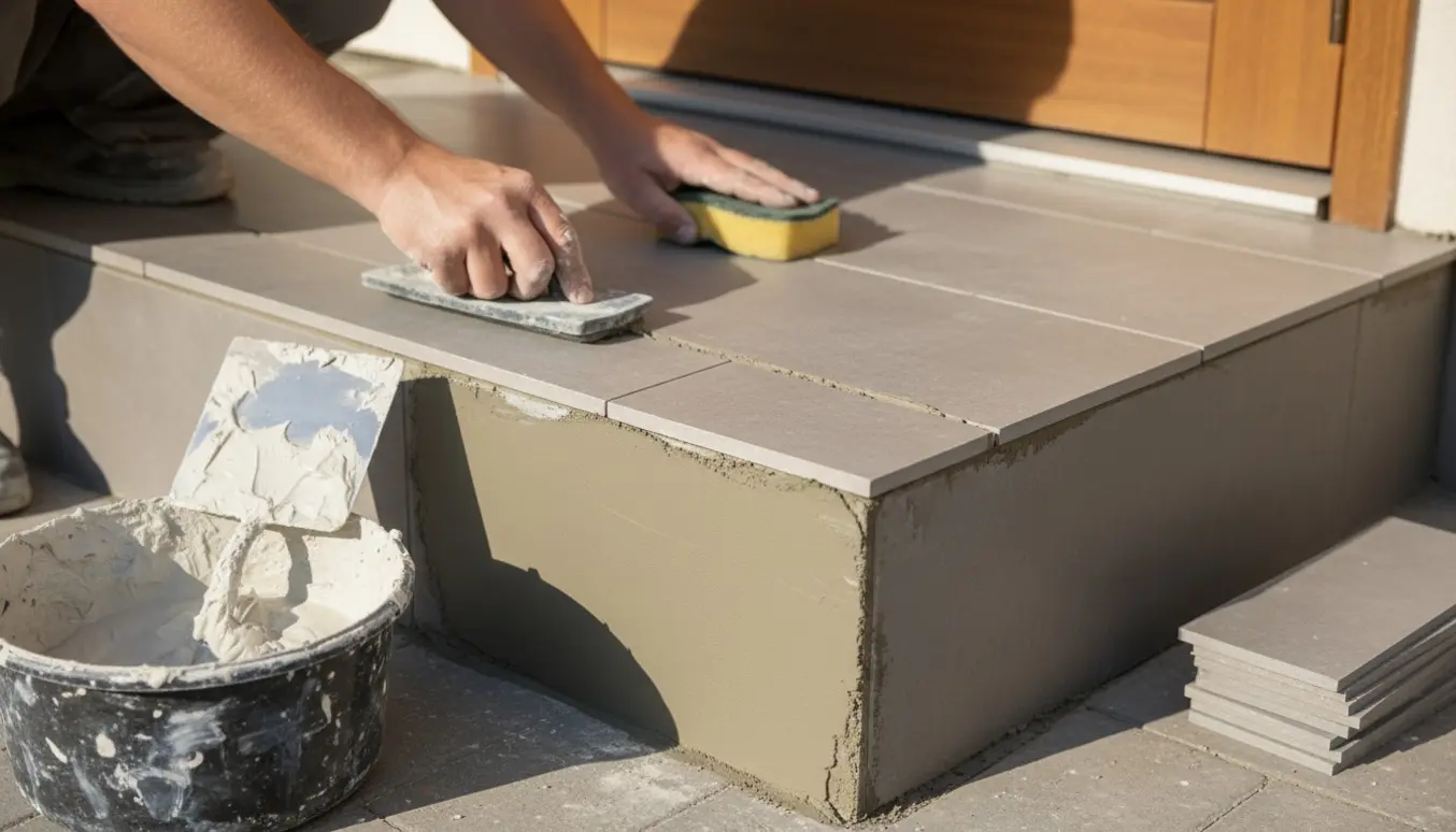 Nærbillede af færdiggørelse af fliser og pudsning af fronten på en trappe ved husindgangen.