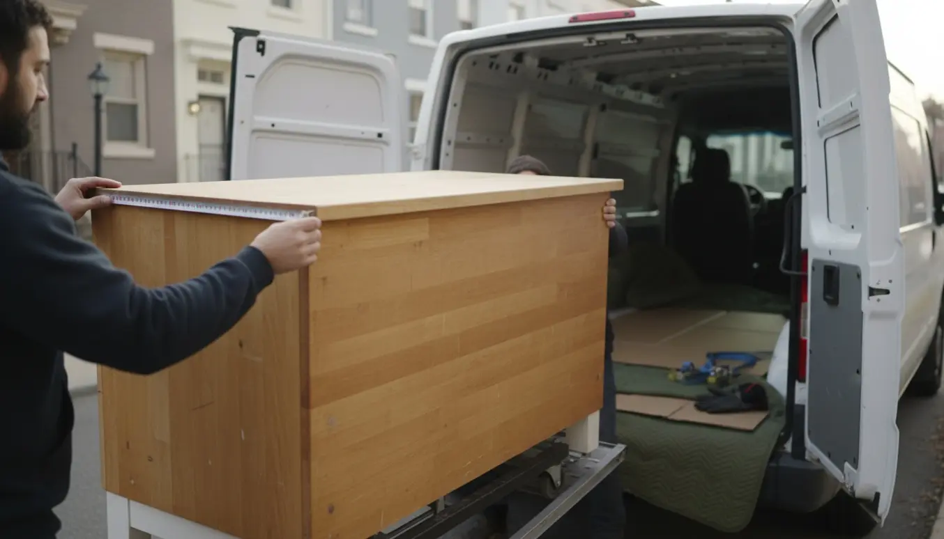 Køkkenø i lyst træ løftes ind i en varevogn på en rækkehusindkørsel, to personer hjælper med dolly og tæpper.