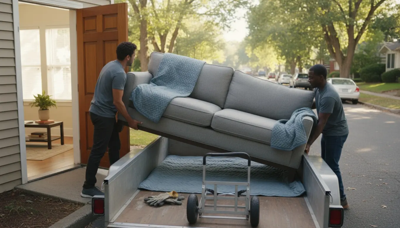 En lang sofa med faste hynder bliver læsset på en trailer fra en stuelejlighed af to personer med handsker.