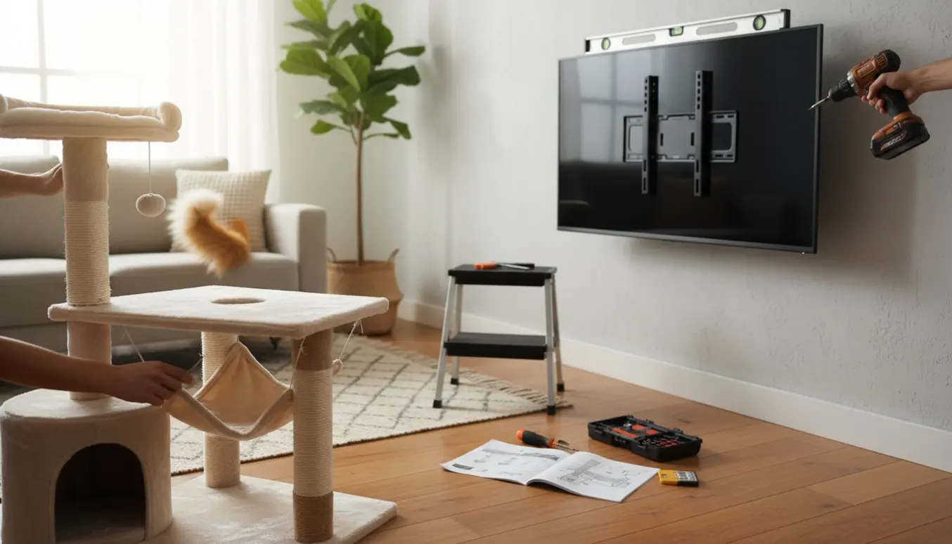 Delvist samlet kradsetræ ved siden af et fladskærms-tv med værktøj og hænder, der monterer det i en lys stue.