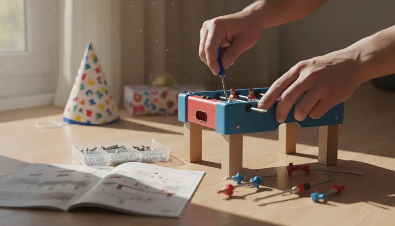 Nærbillede af hænder, der samler et legetøjs-bordfodboldbord i et lyst børneværelse med værktøj og en indpakket gave ved siden af.