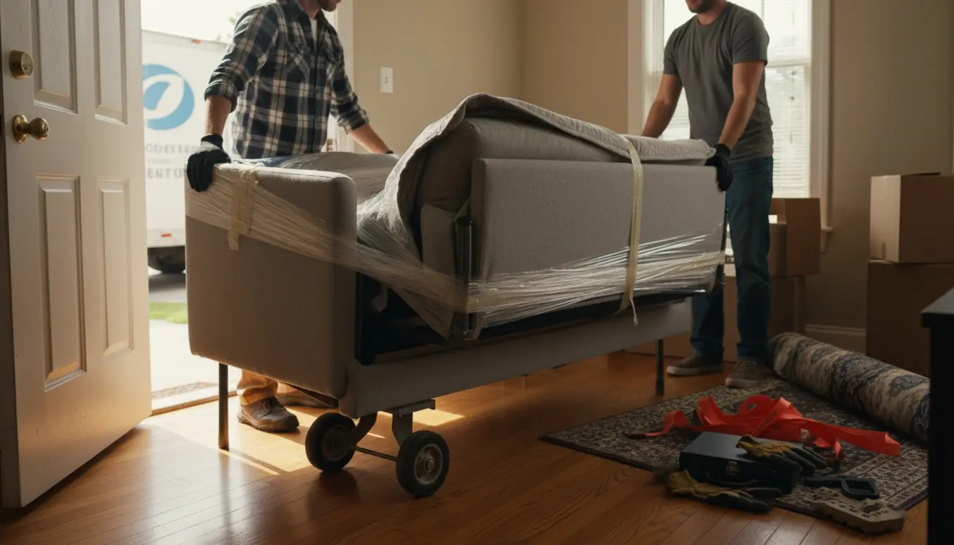 To personer bærer en sovesofa ind i en lys lejlighed med flyttekasser og flyttetæpper.