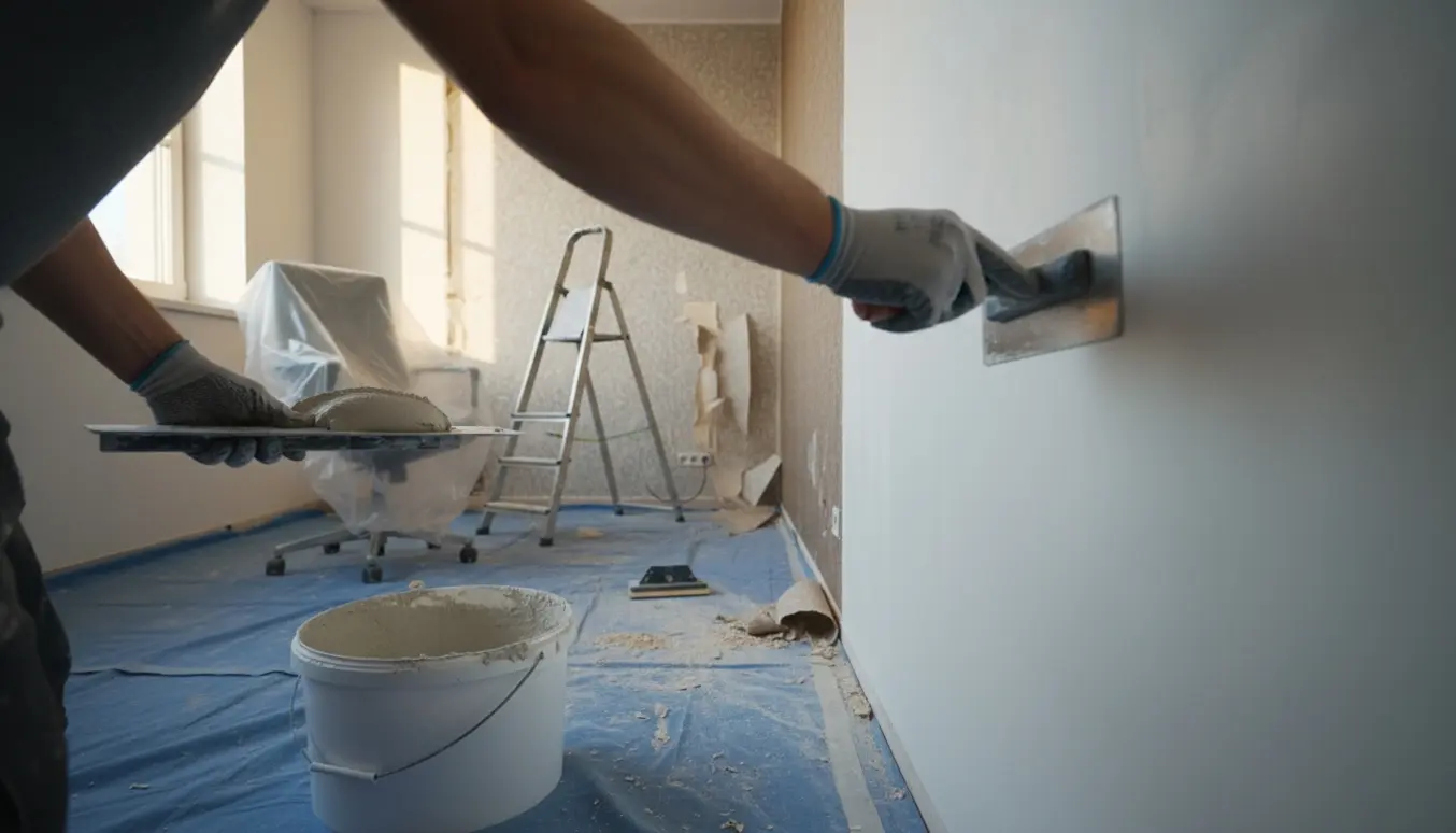 Hænder spartler vægge i et butikslokale klart til ombygning til kontor.