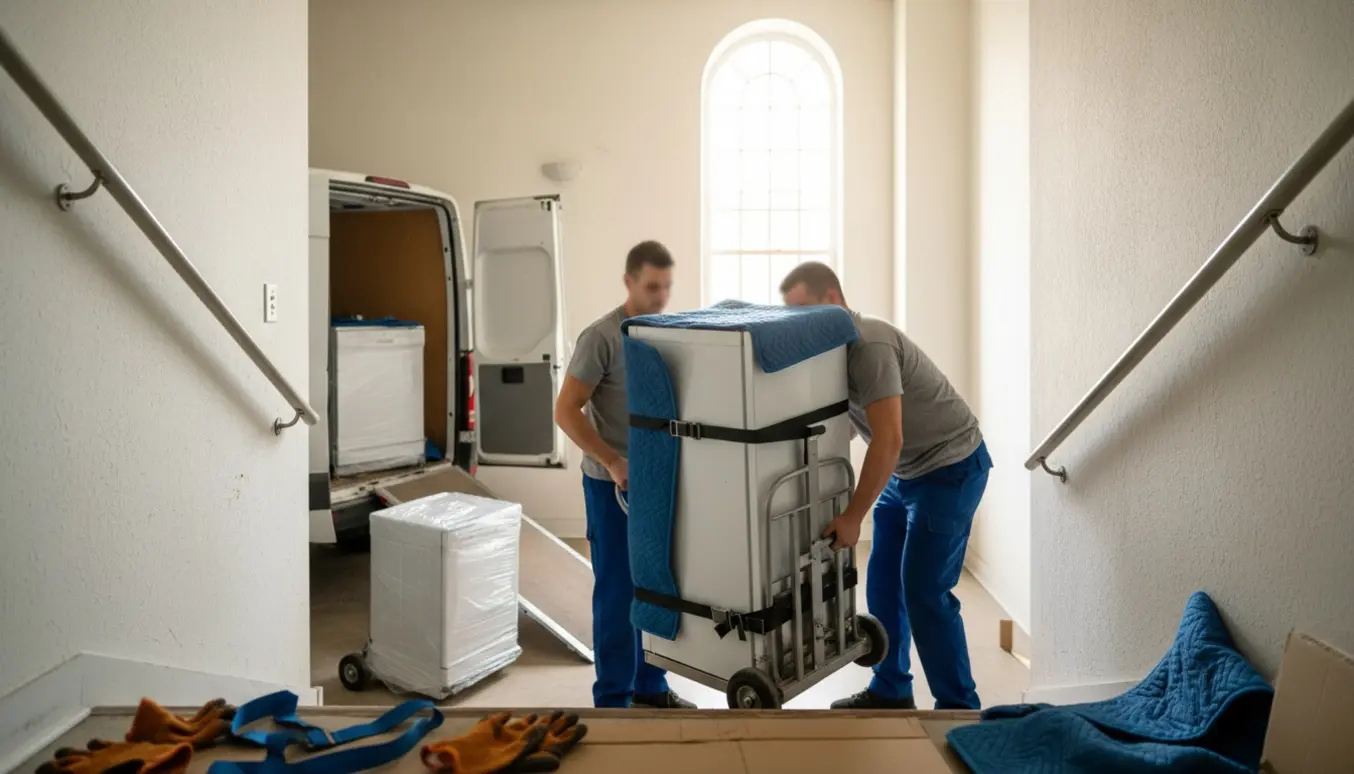 To flyttemænd bærer et køle-fryseskab ned ad en trappe mod en åben varevogn klar til transport.