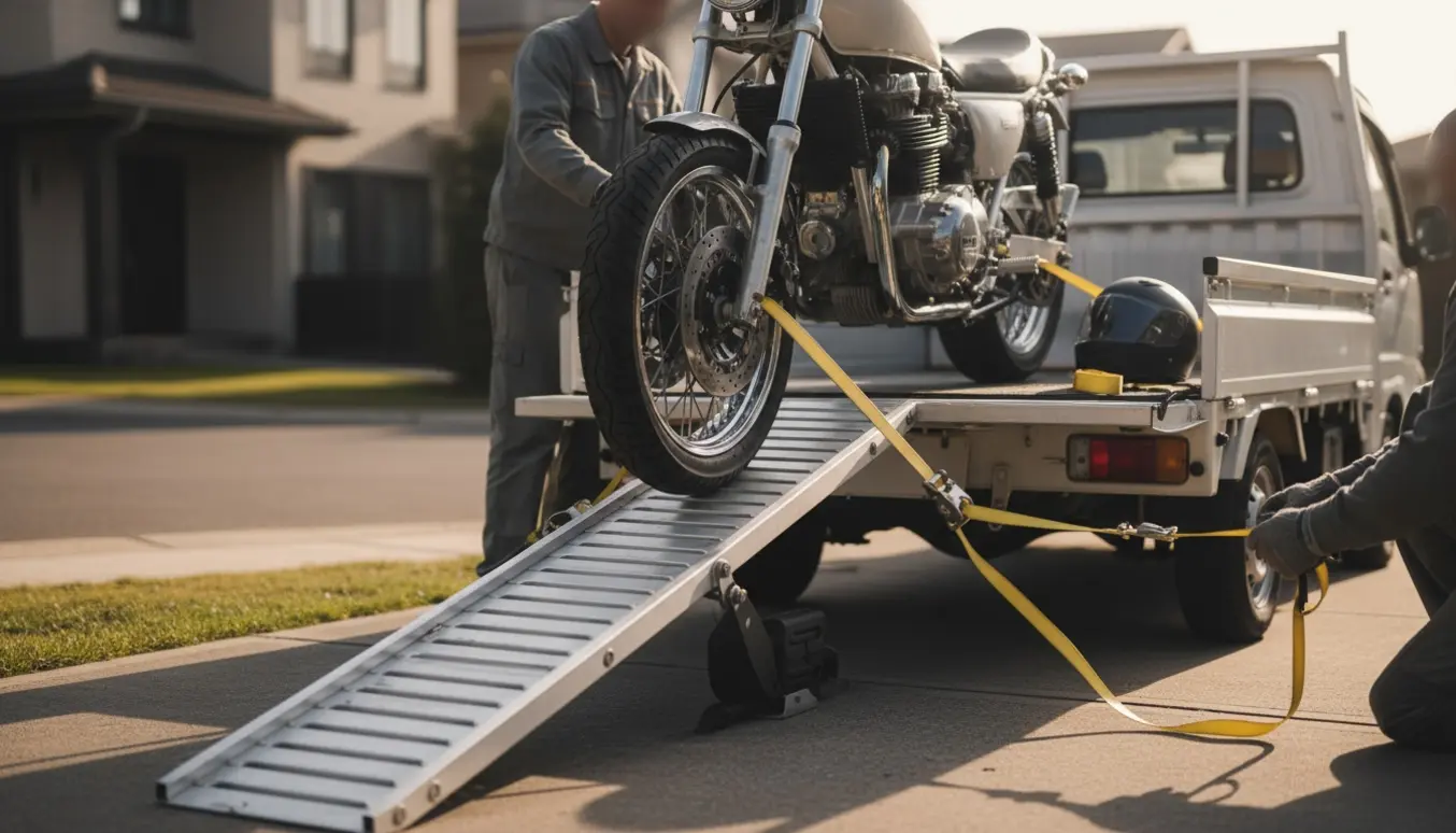 Motorcykel bliver læsset på en pickup med rampe, mens hænder spænder stropper.