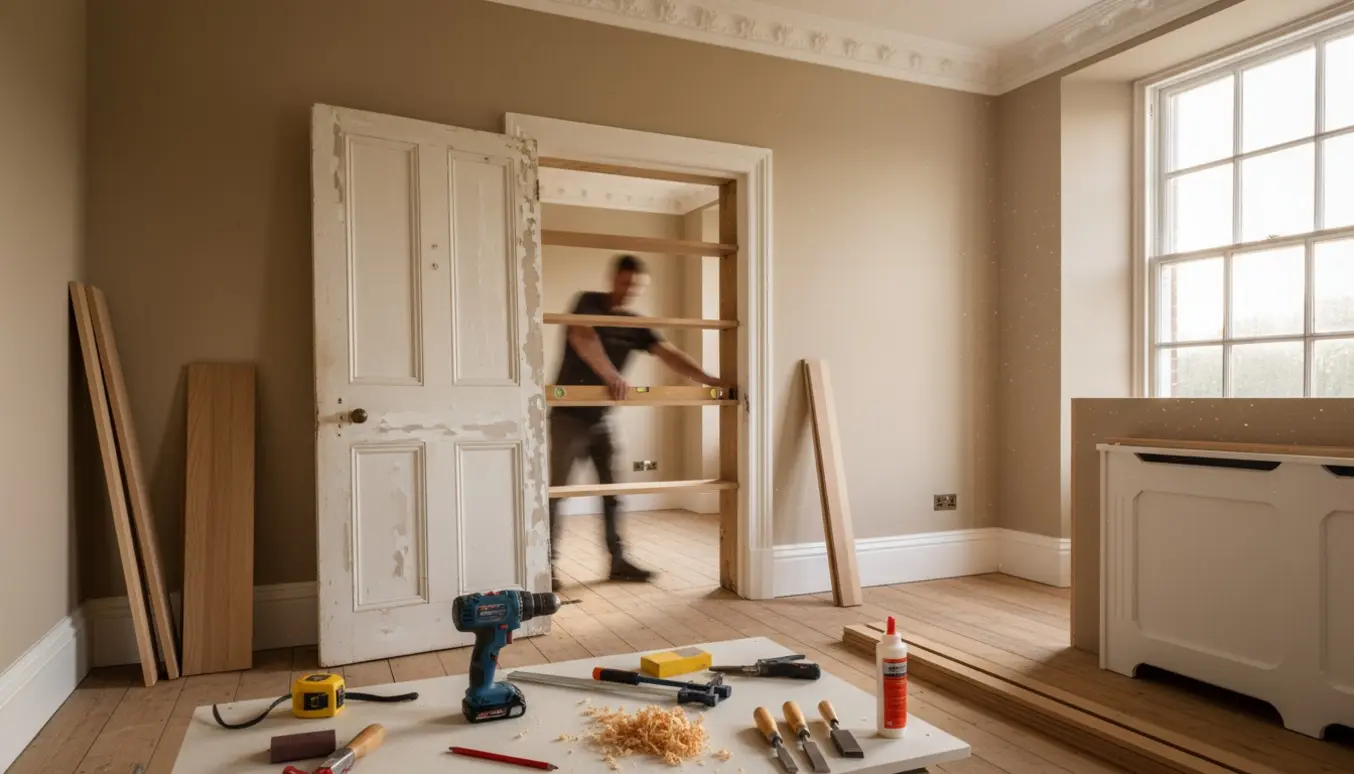 Hænder monterer en hylde i et 180 år gammelt hus med værktøj og nye fodpaneler på gulvet.