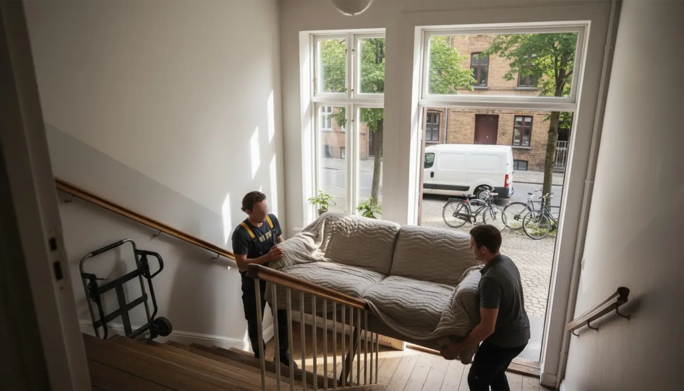To personer bærer en indpakket sofa ned ad en opgang mod en ventende flyttevogn på en københavnsk gade.